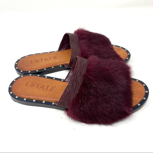 1. State Maroon Purple Red Faux Fur Embellished Leather Flat Sandals - Picture 4 of 8